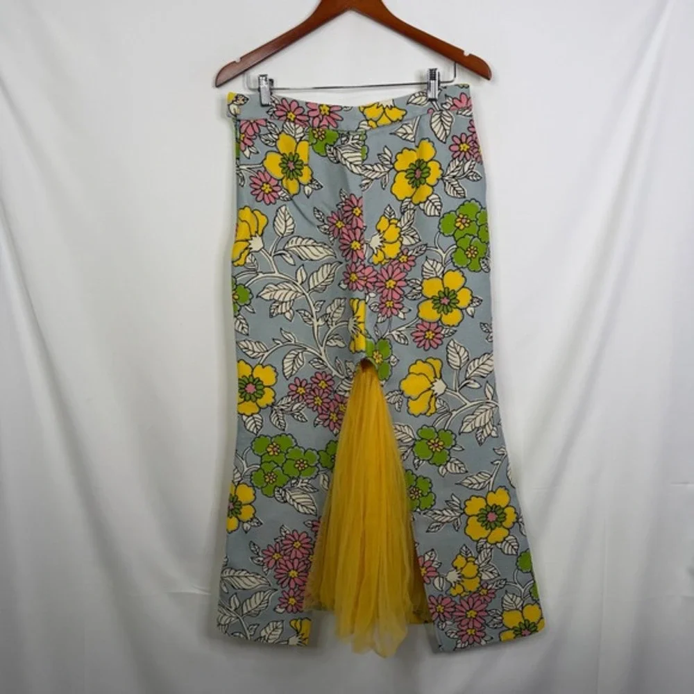 Tory Burch Upcycled Floral Maxi Skirt with Yellow Tulle Godet Slit Size 4